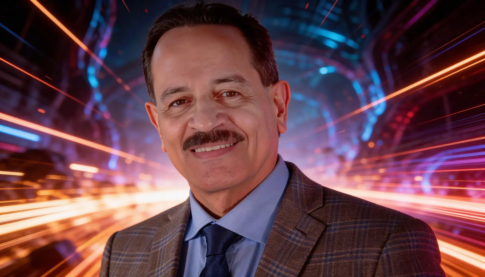 Smiling businessman in a plaid suit and blue tie, with neon light trails in the background.