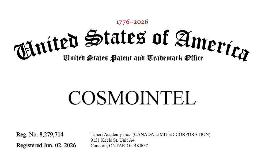 US patent certificate header featuring 'COSMONTEL' as the mark, with registration number and date visible