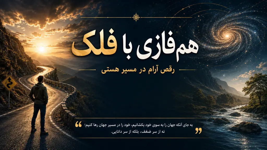 شخصی با کولهپشتی کنار جاده کوهستانی در غروب خورشید، منظرهای با آسمان ستارهای و کهکشان و متن فارسی مرکزی
